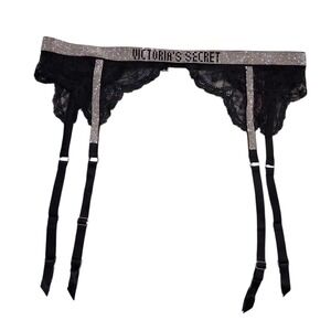 Victoria's Secret Rhinestone Logo Womens size M/L Black Lace Sexy Garter Belt